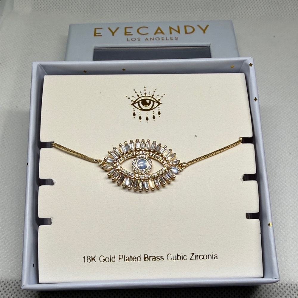 RARE Eye Candy 18K Gold Plate Evil Eye Bracelet -Gold with Clear Cubic Zirconia